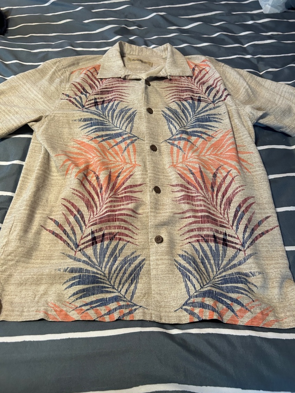 Tommy Bahama Beige Casual Button-Down Shirt with Blue and Coral Palm Print